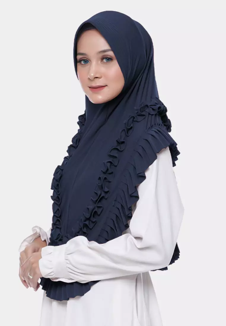 Cotton Bee - Sabeen Bergo Ruffle | Hijab Instan | Bergo Pad | Daily Hijab - Royal Navy