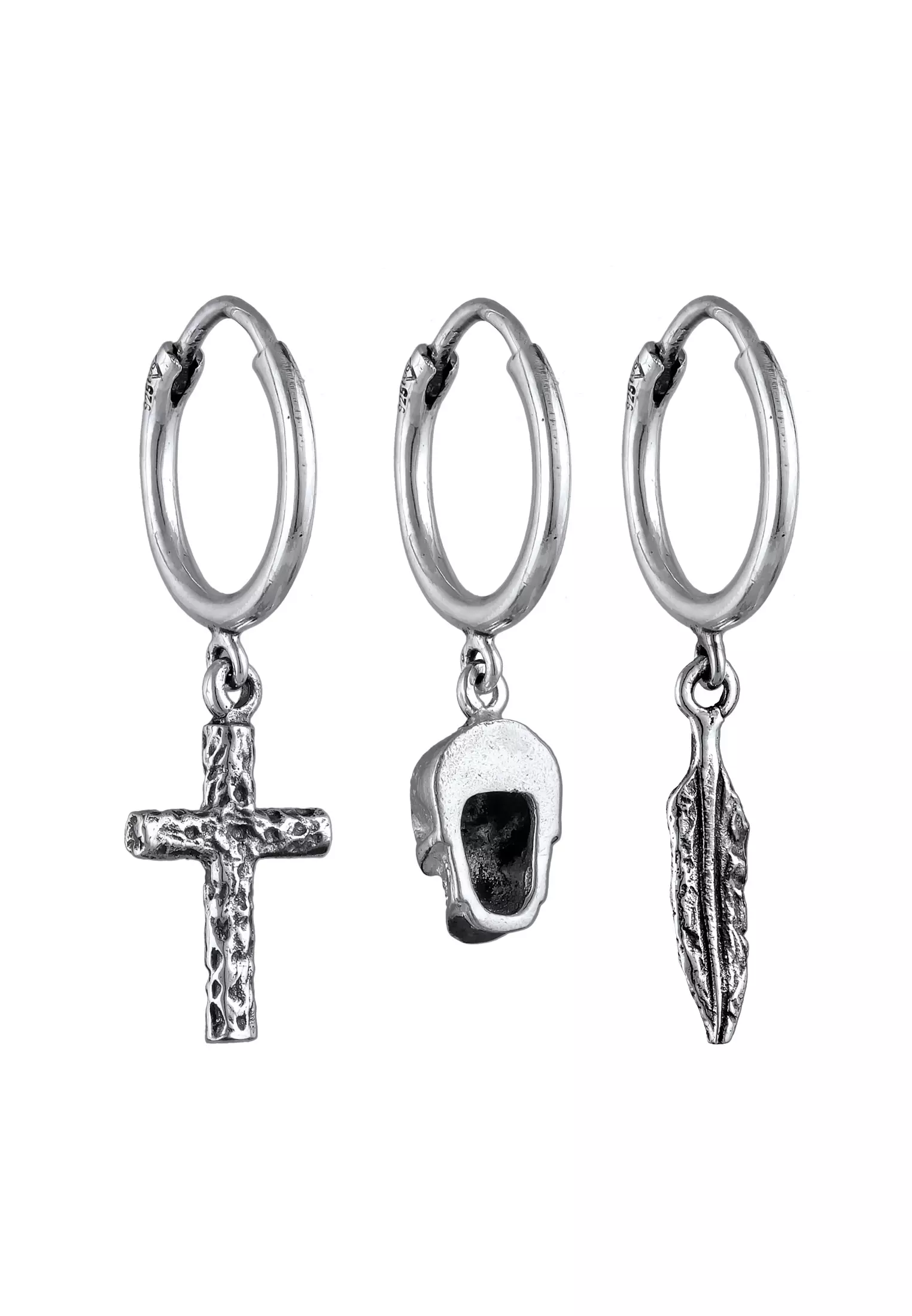 Earrings Men Creoles Cross Skull Feather Set Of 3