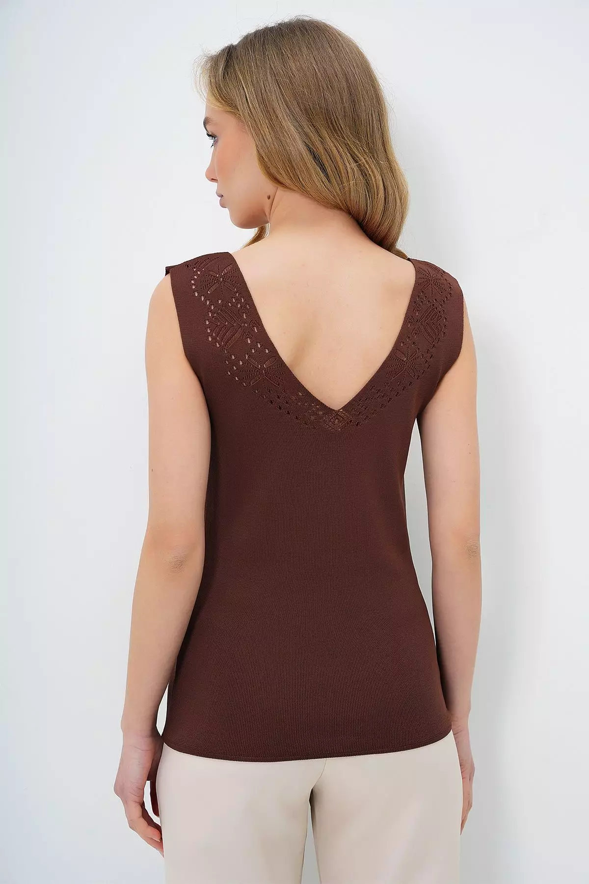 Women's Brown Front Back V-Neck Openwork Summer Knitwear Blouse
