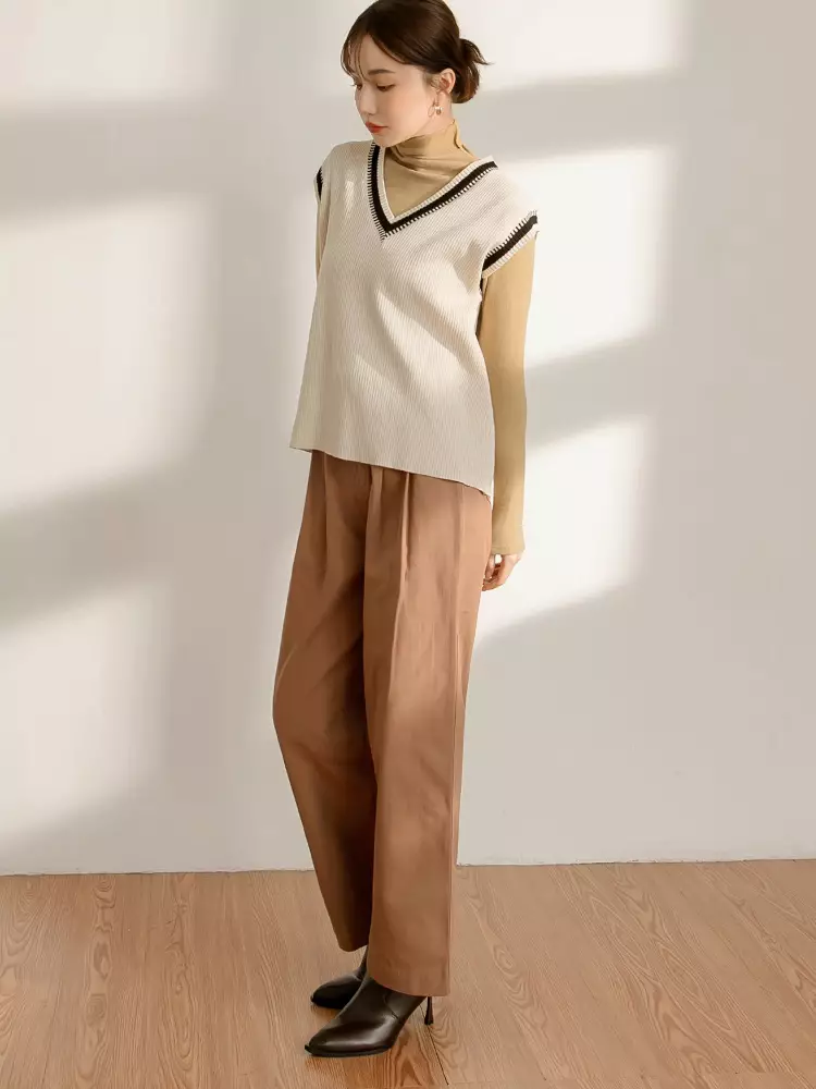 Cotton Waist-Defining Pleated Slim Straight Pants [BA7454]