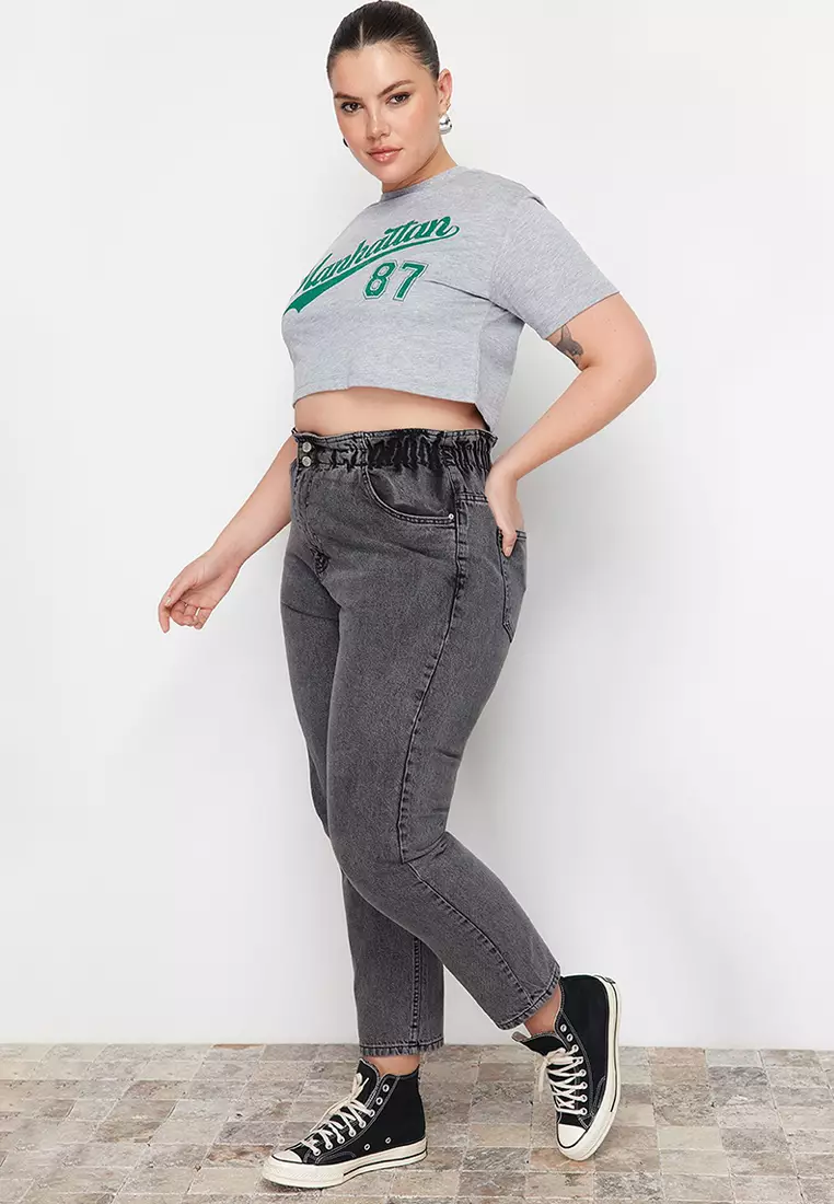Gray High Waist Elastic Waist Mom Jeans TBBAW23JE00002