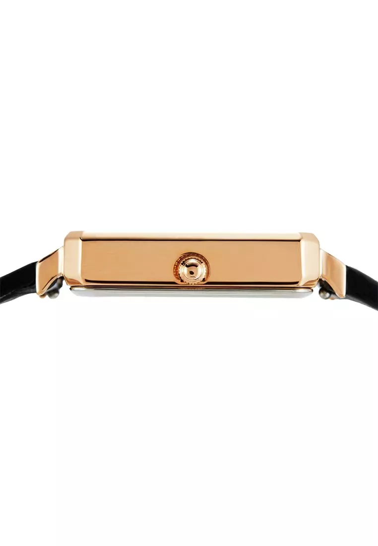 Hampton 22×28 mm女士手錶 黑色珍珠母貝錶盤 優雅方形手錶 配黑色真皮錶帶-黑色