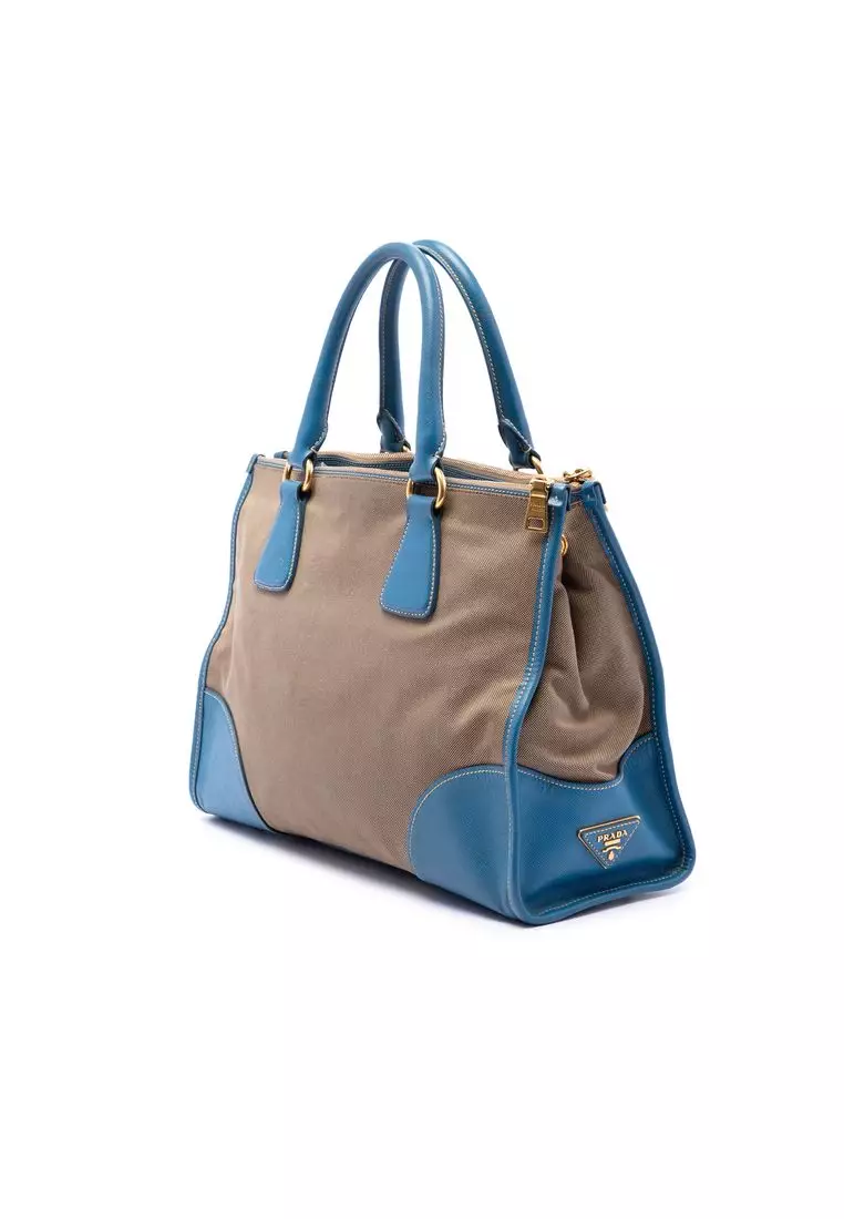 Pre-Loved Prada Saffiano Trimmed Canvas Canapa Logo Double Zip Satchel
