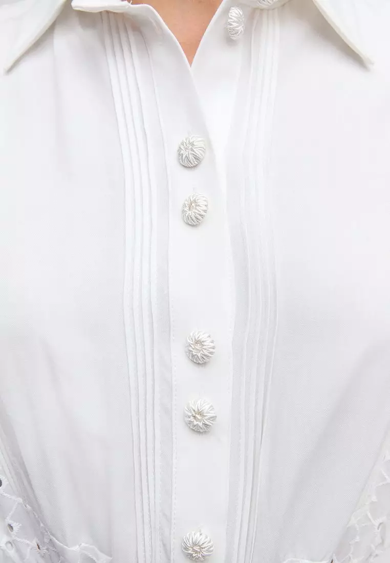 Eyelet Ruffled Shirt Dress - White