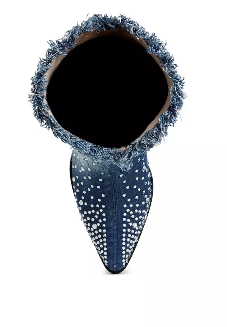 Diamante & Rhinestones Denim Boots in Dark Blue