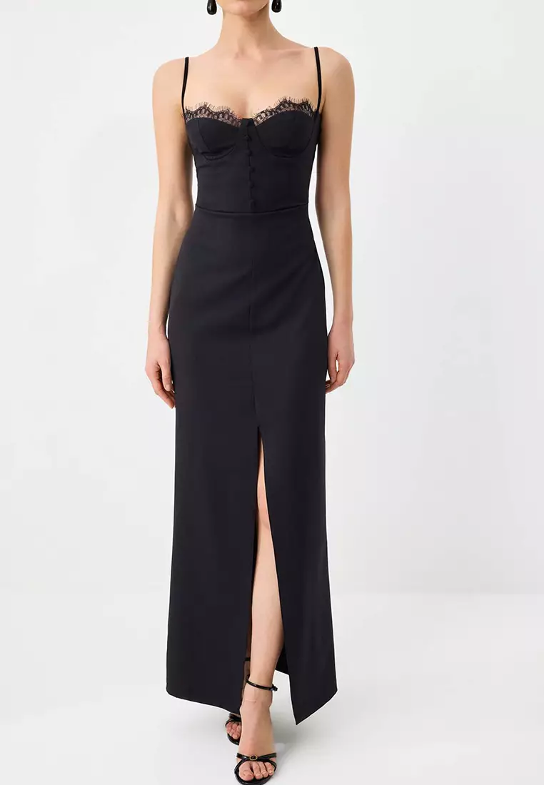 Black Plain Woven Finike Maxi Evening Dress & Homecoming Dress