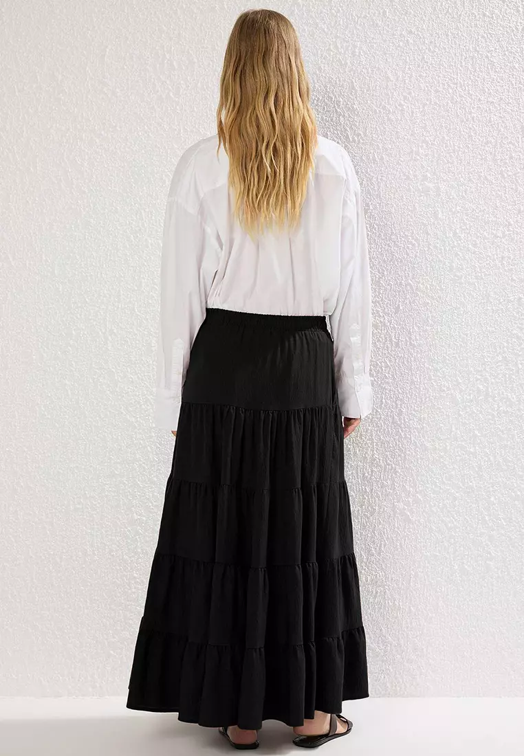 Black Cotton Textured Maxi Size Bohemian Skirt