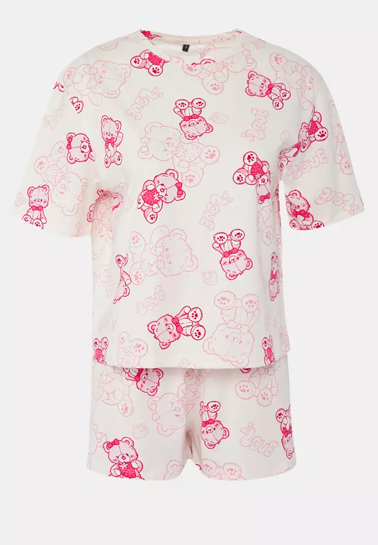 Pink Teddy Bear Shorts Knitted Pajamas Set