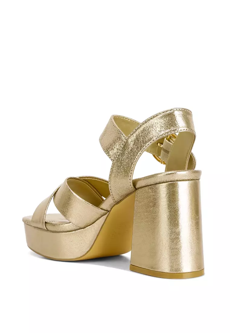 Gold block clearance strappy heels