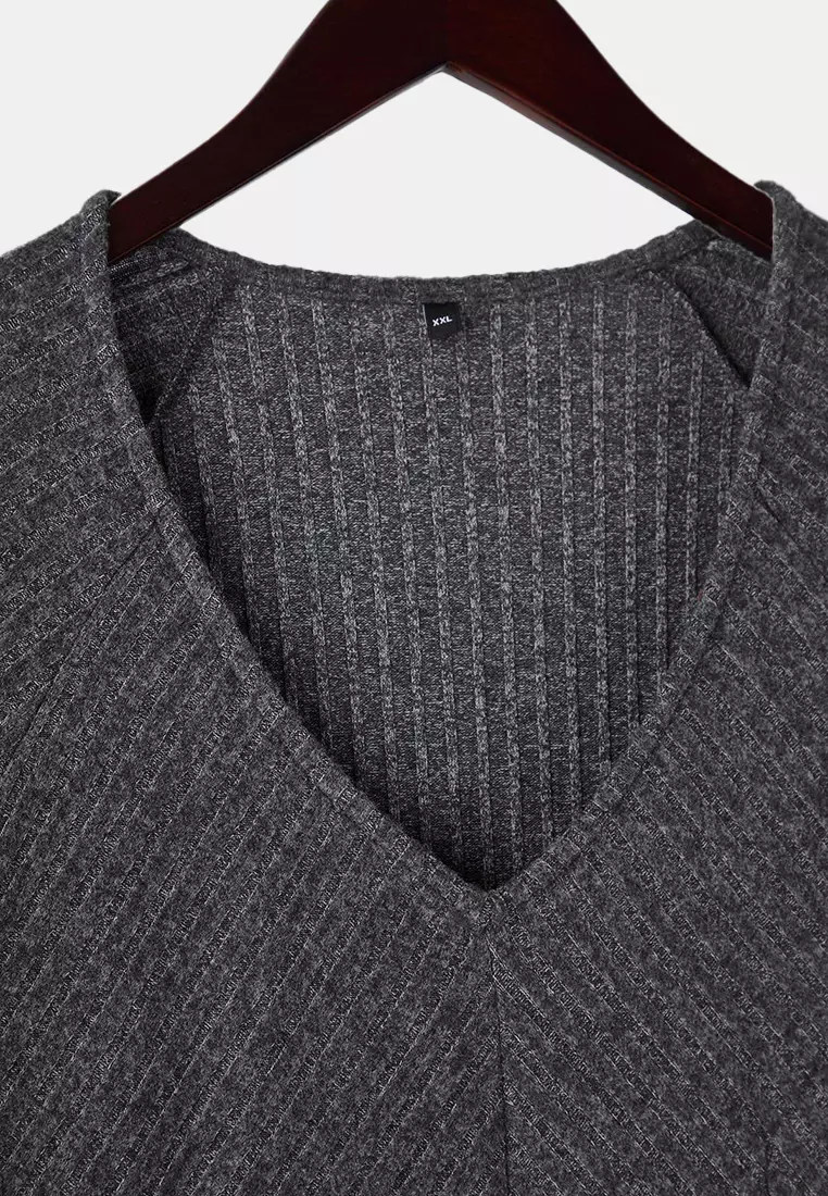 Buy Trendyol Anthracite Brushed Ribbed V-Neck Mini Knitted Plus Size ...