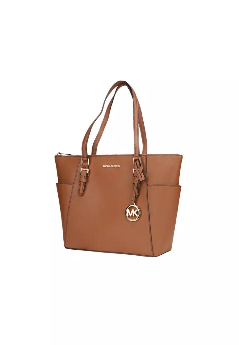 Charlotte Large Saffiano Leather Top-Zip Tote Bag in Brown 35T0GCFT7L