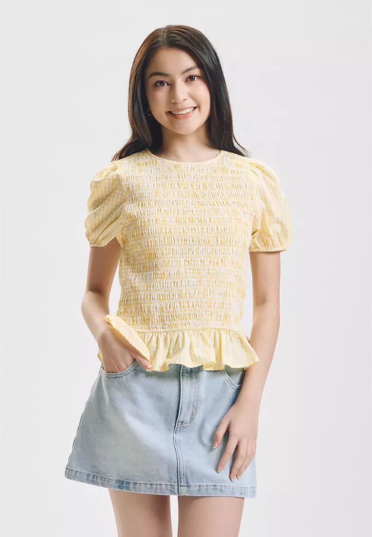 Short Sleeve Smocking Gingham Print Top