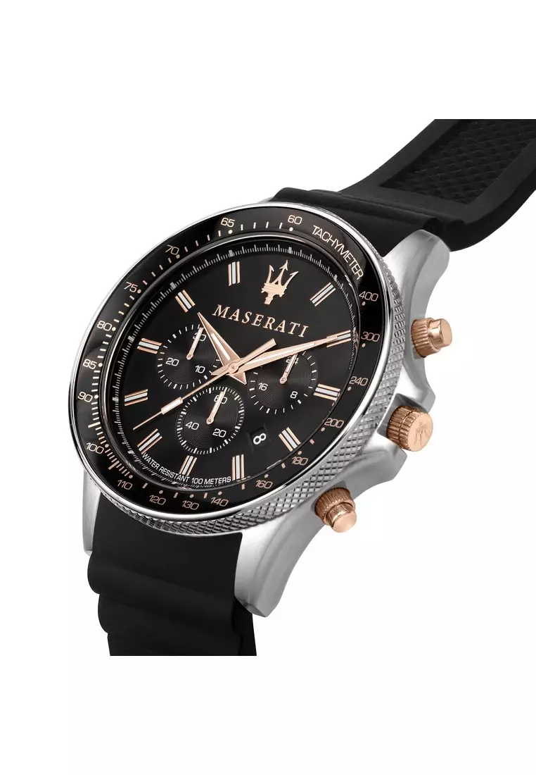 【2 Years Warranty】Maserati Sfida 44mm Black Silicon Chronograph Men's Quartz Watch R8871640002 With Luminous Dial Hands