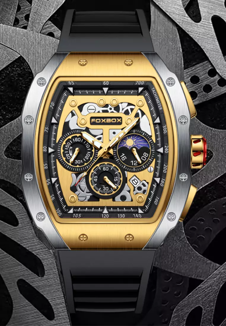 FOXBOX Chronograph Unisex IP Gold & Stainless Steel Quartz Watch, 52x45mm, Gold Color dial on Rubber Strap