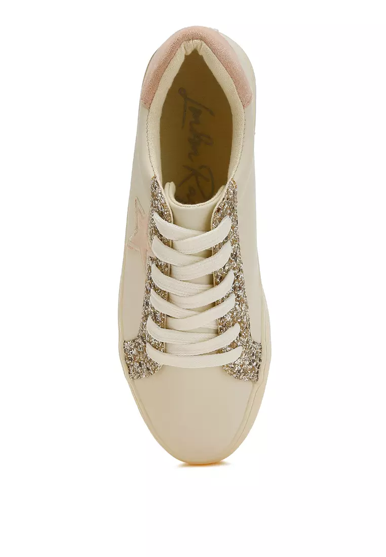 Metallic Star Glitter Sneakers in Beige Light Gold