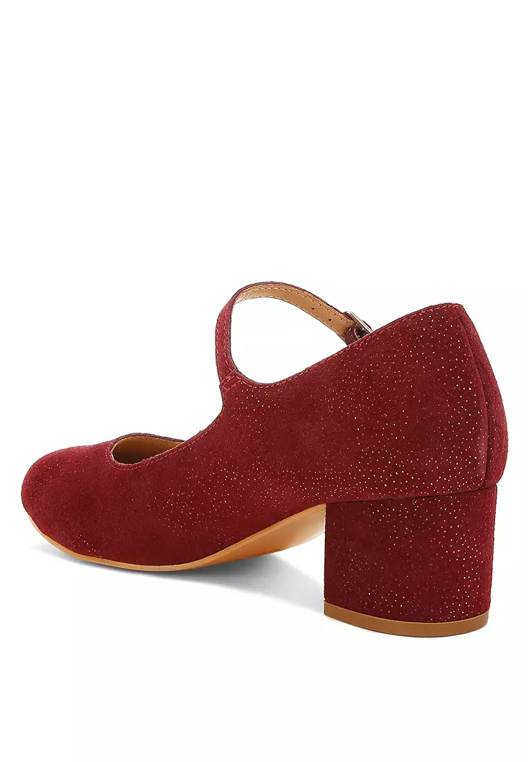 Sandal Mary Jane Suede Berkilau Merah