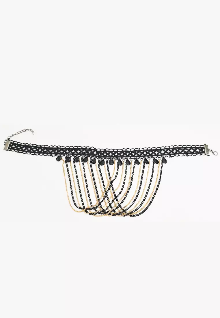 Aksesoris Wanita Chains Drapes Choker Necklace Kalung Wanita Black, Silver & Gold