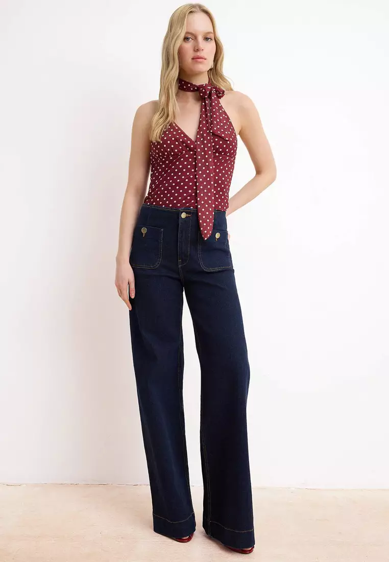 Burgundy Polka Dot Fitted Halter Neck Tulle Knitted Blouse With Scarf Twoss26Bz488