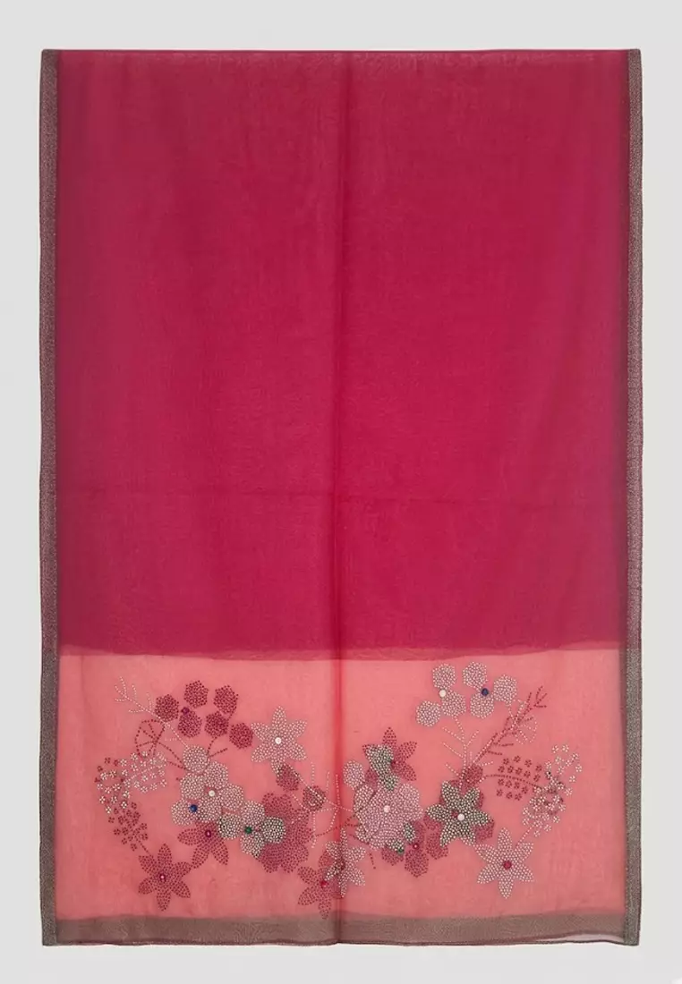 Aksesoris Syal Pesta Wanita Floral Pattern Studs Embellish Silk Shawl Syal Sutra Wanita Evening Shawl Scarlet Red