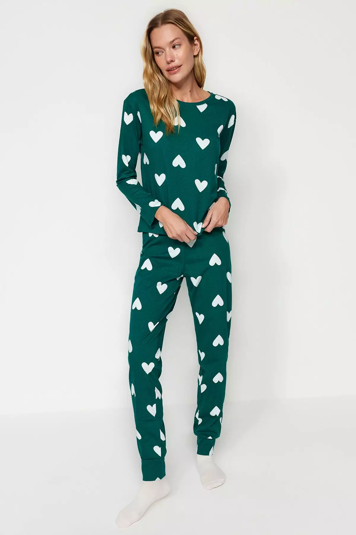 Emerald Green 100% Cotton Heart Knitted Pajama Set THMAW21PT0566