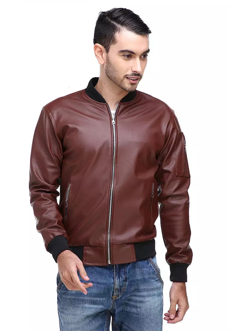 Clover Jaket Bomber Pria Now Ori Soft Material Leather Kulit ORIGINAL - Brown