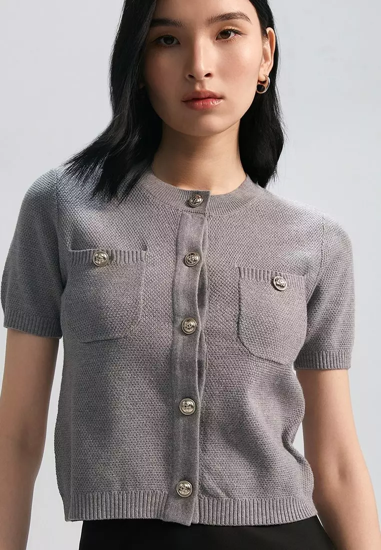 Gold Button Detail Short-Sleeve Cardigan - Mid Grey