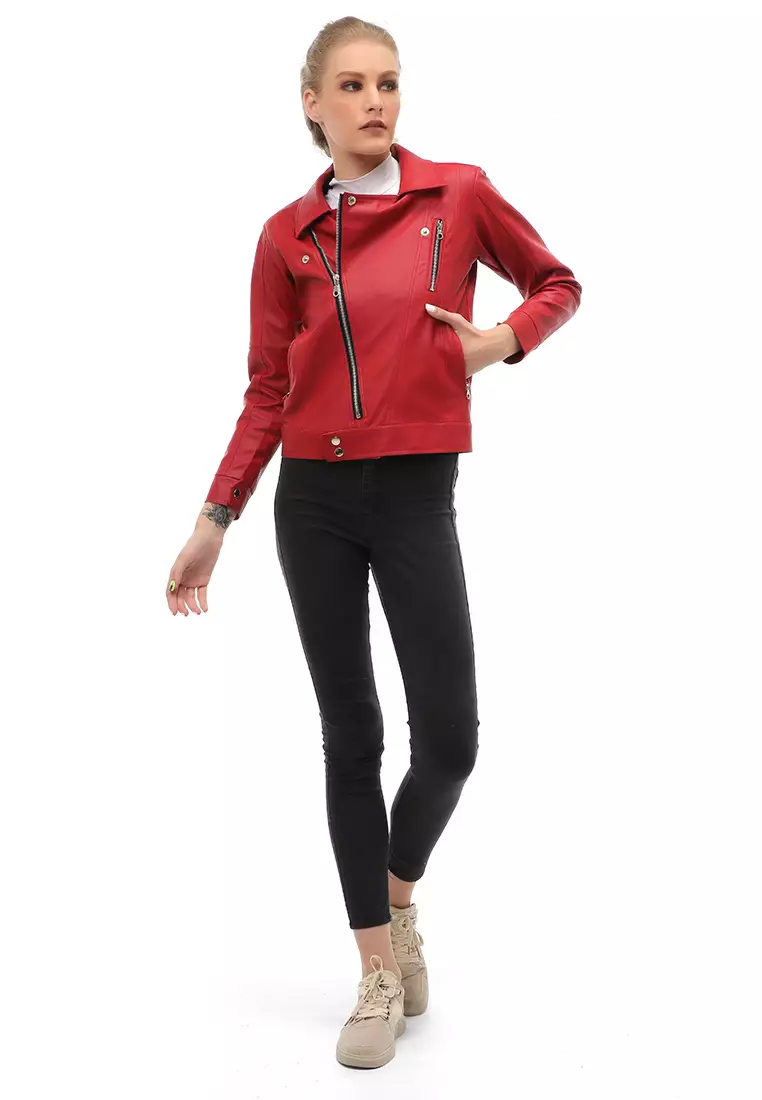 Glenice Jacket Outer Fashion Wanita Zipper Pocket Elegant Design Material Leather ORIGINAL - Red
