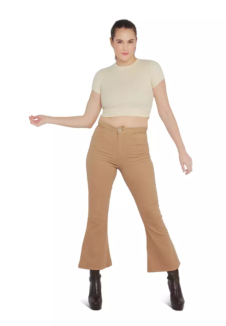 Beige Crew Neck Rib Knit Top