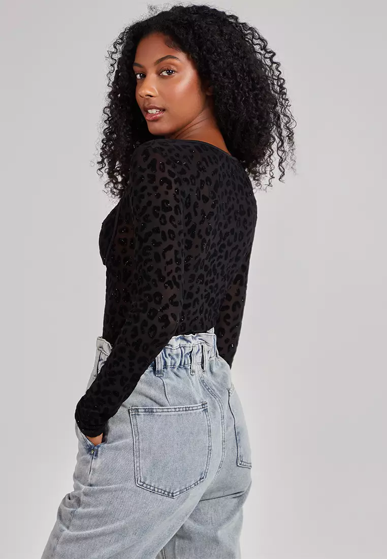 Pink Vanilla Black Long Sleeve Leopard Bustier Bodysuit
