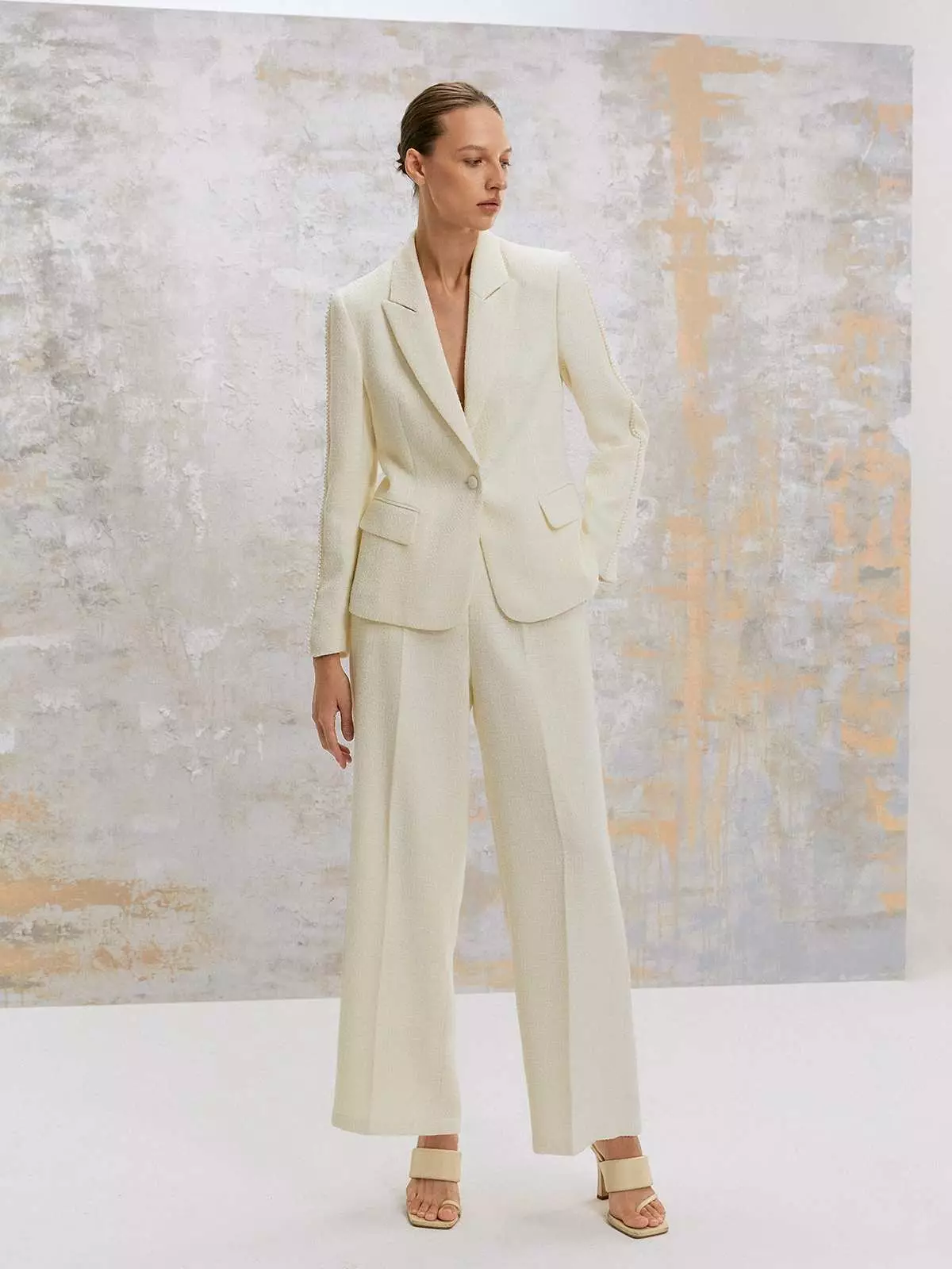 Pearl Embellished Detail Tweed Blazer  - Cream