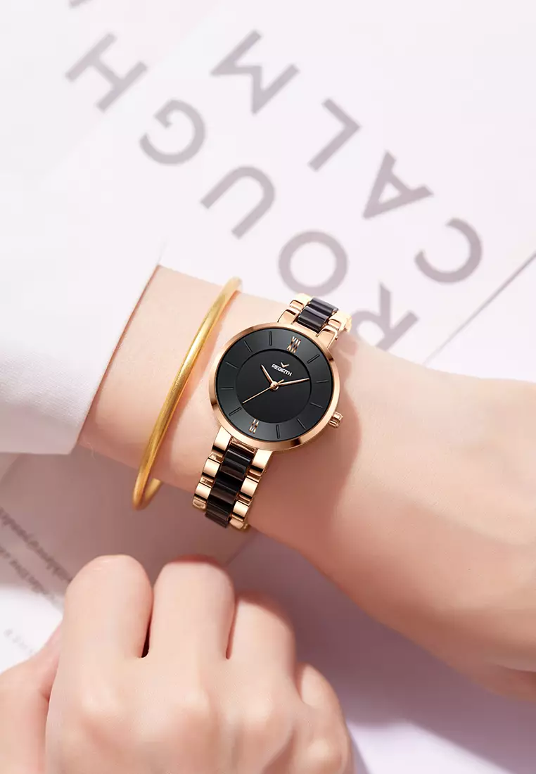 Jam Tangan Wanita Anti Air Original Korea Elegan Kuarsa Tali Keramik Jam Tangan Cewek roseblack