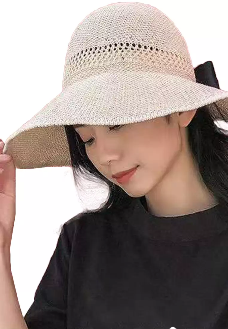 Bow-knot Hollow Big Brim Foldable Sunshade Bucket Hat Cap A22062408BE