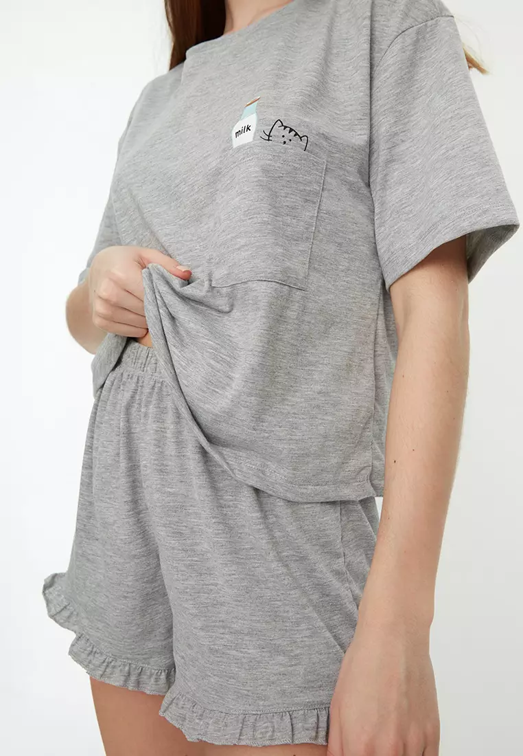 Graphic Plain with Frill Detail Pajamas Set