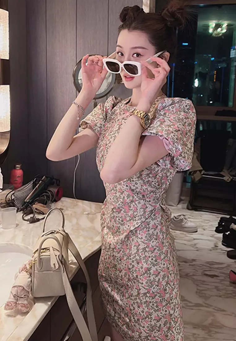 時尚中式復古盤扣碎花旗袍連衣裙CA122716