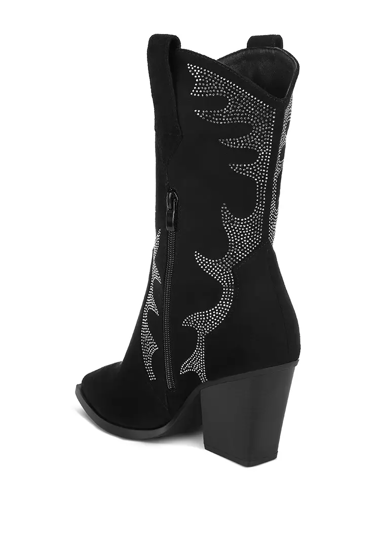 Rhinestones Embellished Calf Boots in Black