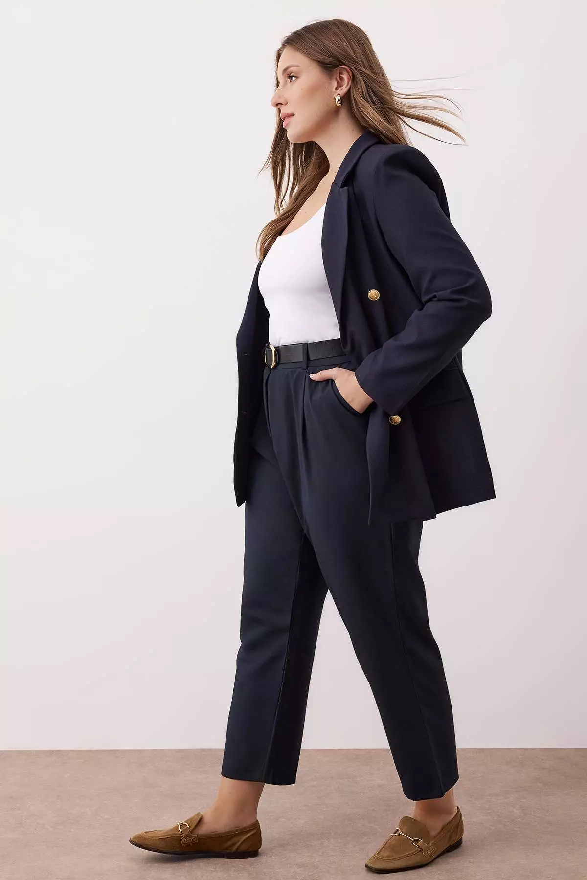 Navy Blue Elastic Waist Woven Premium Fabric Plus Size Trousers