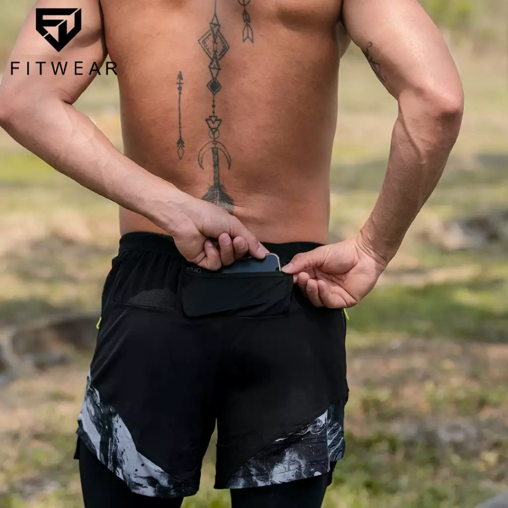 Fitwear - Celana Lari + Legging Pria WILLIAM MARBLE SHORT - BLACK MARBLE