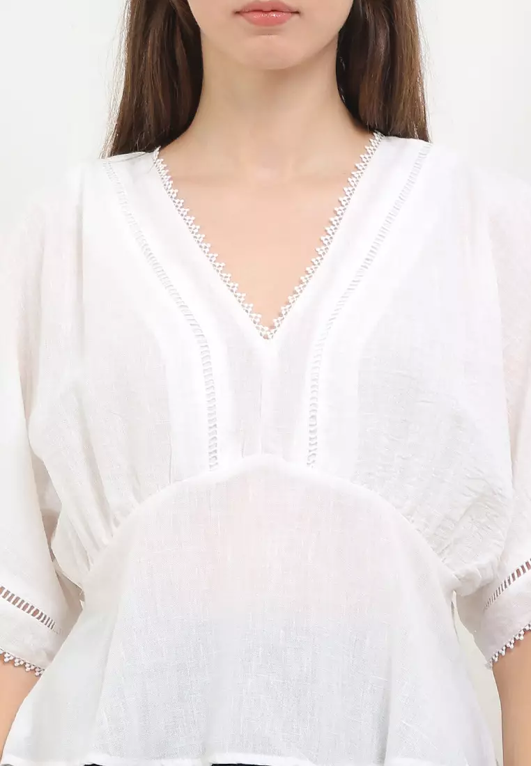 Lace Trimmed V Neck Dolman Sleeves Empire Blouse