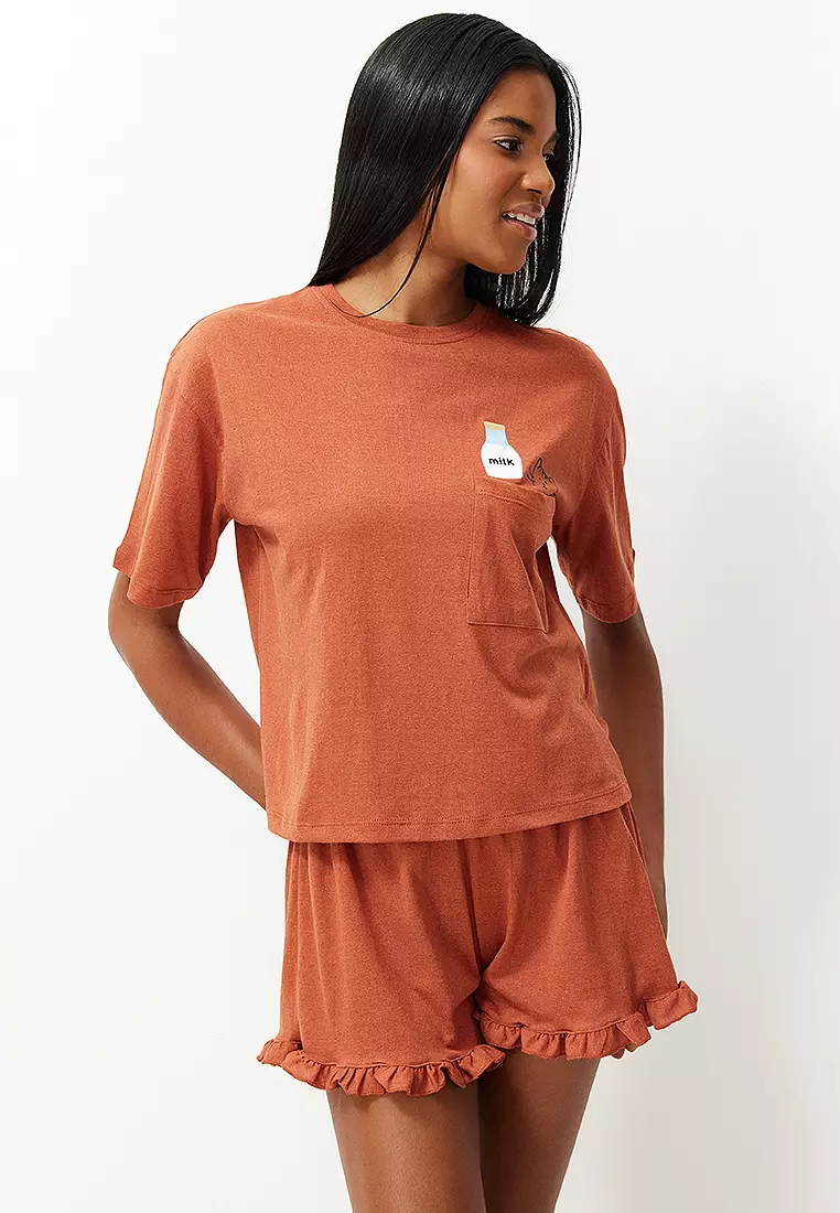 Tile Frilled Printed Shorts Knitted Pajama Set