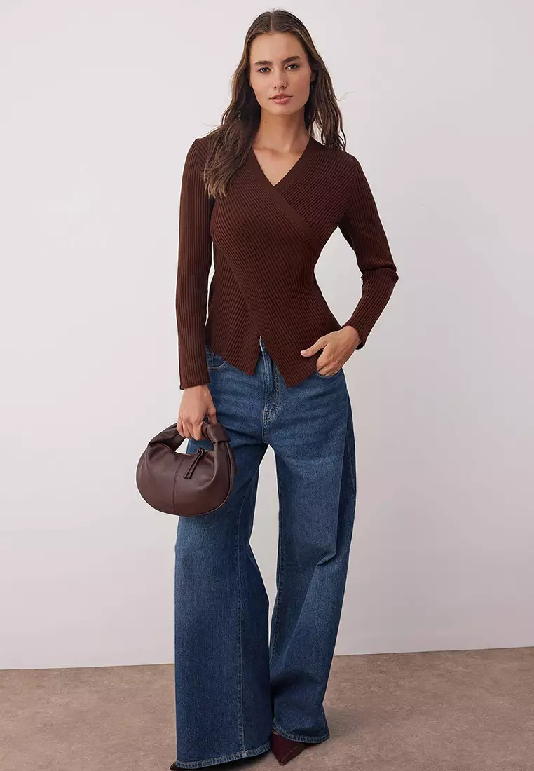 Brown*001 Fitted Plain Double Breasted Thin Knit Sweater Twoaw26Kz00178