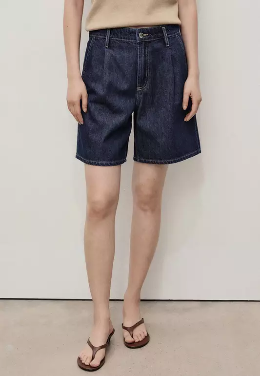 Mid-Rise Denim Bermuda Shorts With Pleats