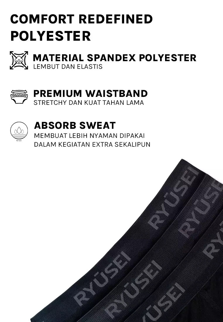 Ryusei Boxer Haruki Polyester Spandex 3 Pcs - Black | Nyaman & Elastis
