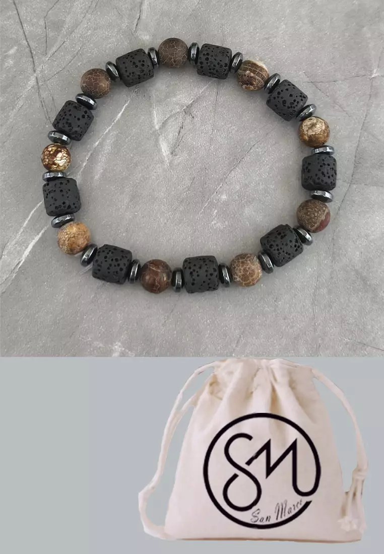 Accessories Gelang Pria Green Fire Agate &  Lava Beads Multistone Bracelet Black & Brown