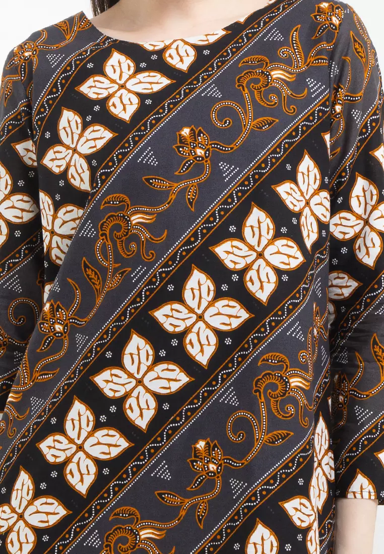 Tunik Muslim Atasan Wanita Batik Katun Premium Alinka Raya Lengan Panjang Black