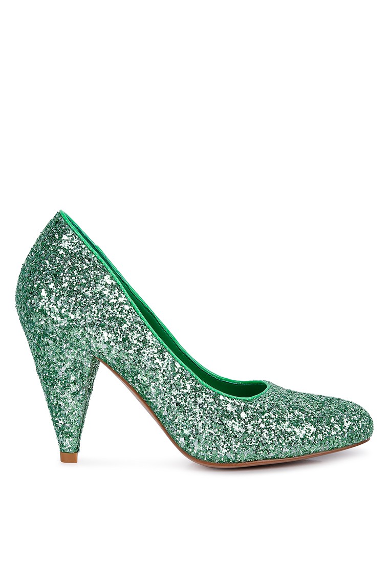 Green Glitter Conical Heel Pumps