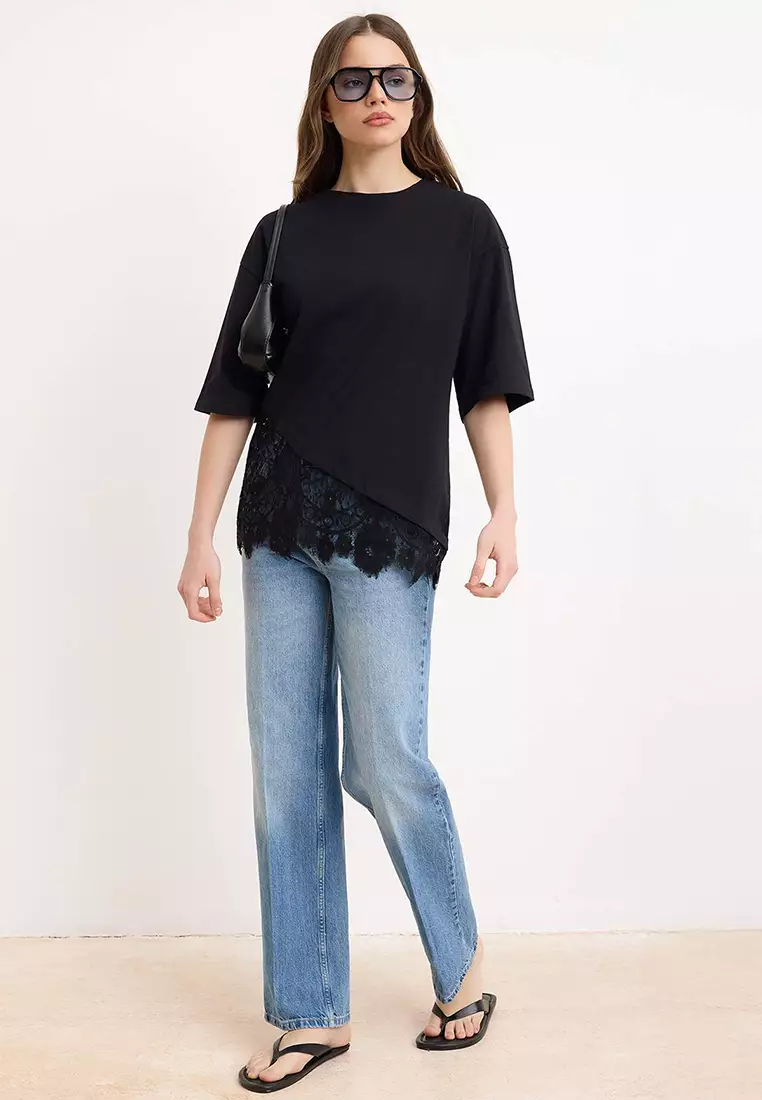 Black Regular/Normal Fit Lace Detailed Short Sleeve Knitted T-Shirt Twoss26Ts33