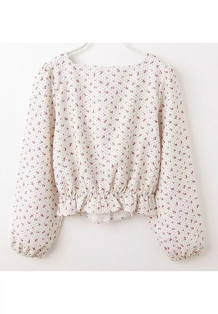 Romantic Floral Smocked Crop Blouse with Square Neck and Puff Long Sleeves [AB19913]