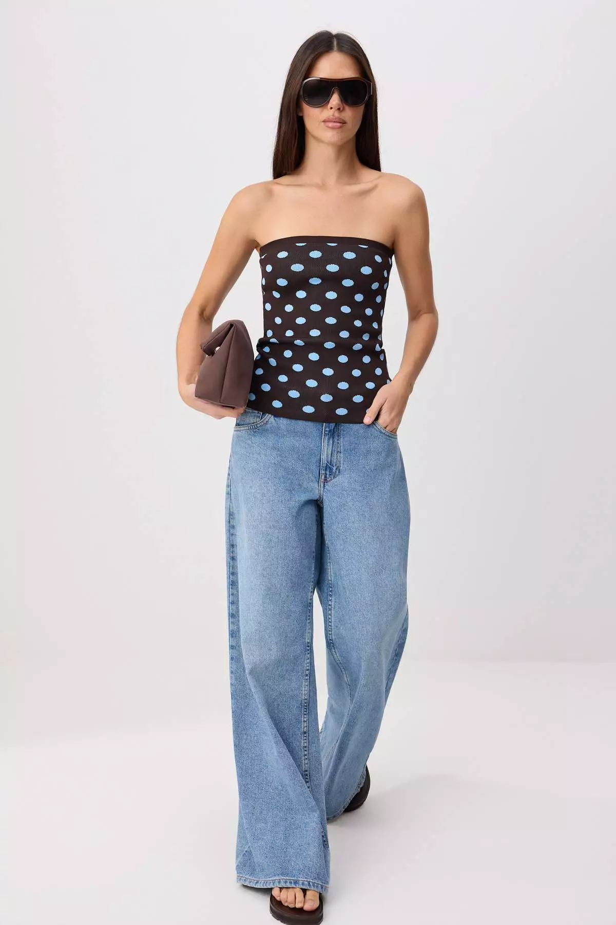Brown Strapless Polka Dot Knitwear Blouse Twoss26Bz00323