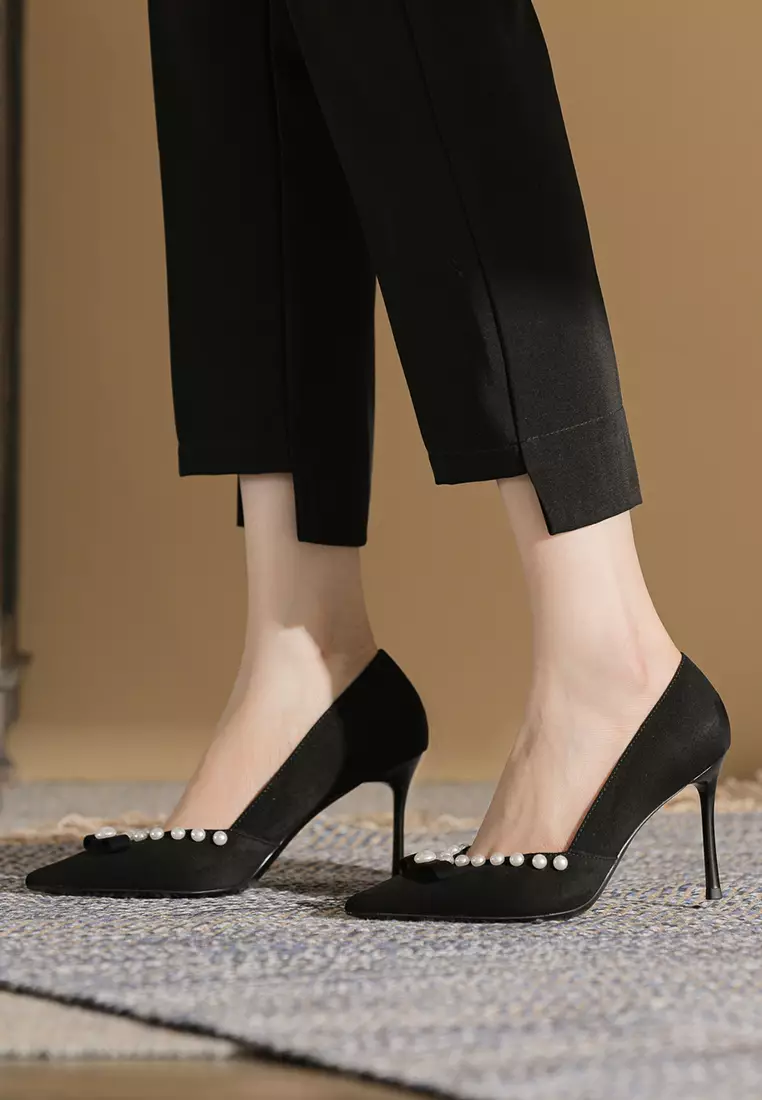 8.5CM Pearl Bow Pointy Suede Pumps TE7198-9
