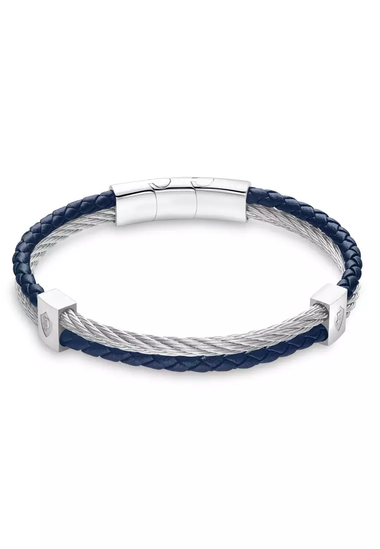 Police Kingpins Stainless Steel Cable Navy Blue Leather Bracelet For Men PPEAGB0005416